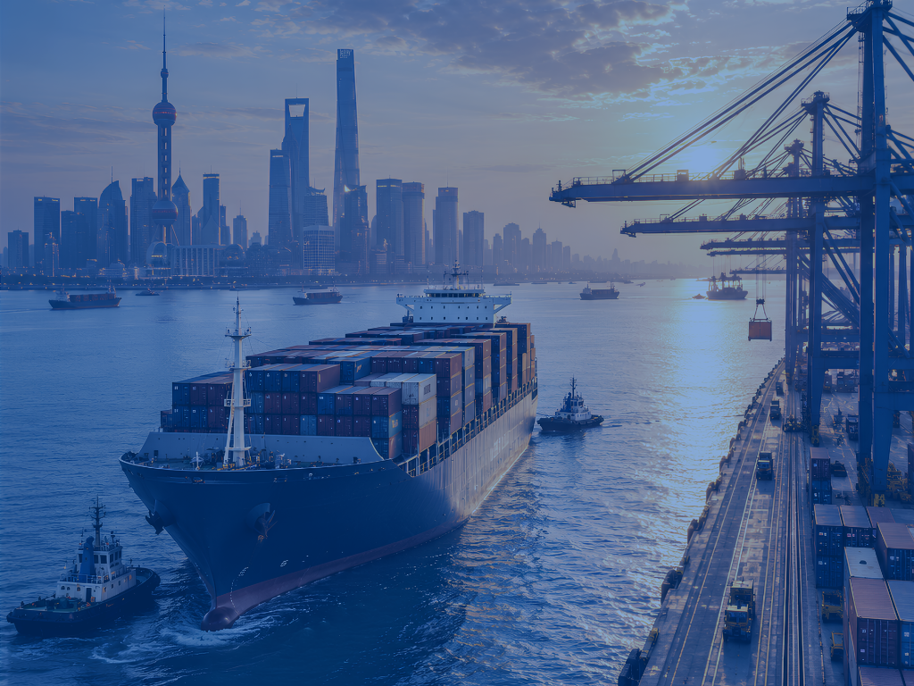 Container ship departing the Port of Shanghai at dusk