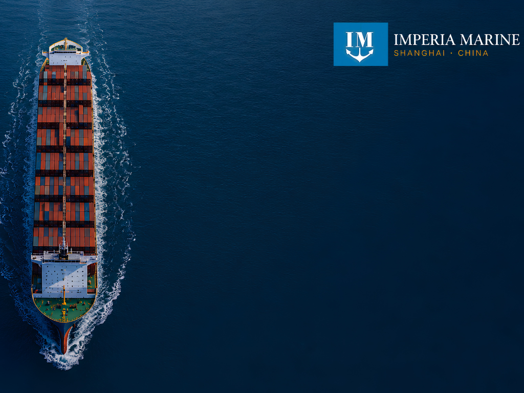 Aerial view of an Imperia Marine-supplied container ship underway off the Chinese coast